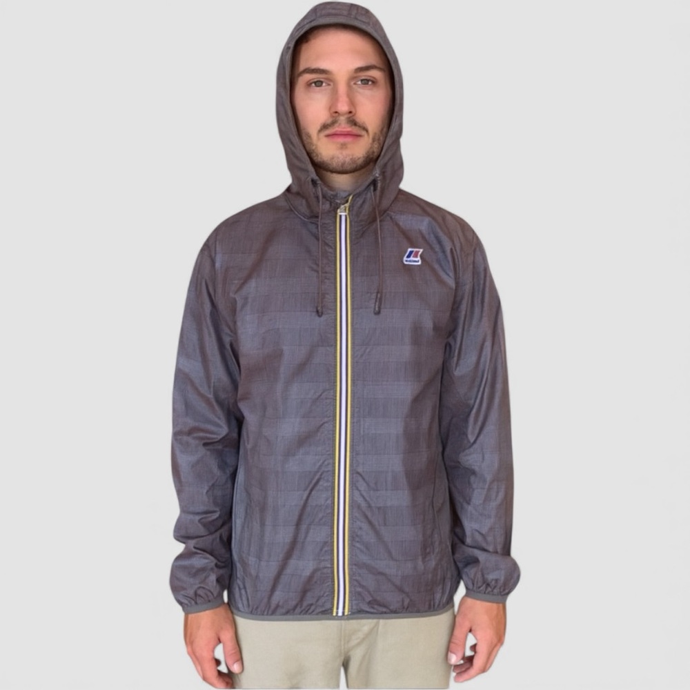 K-Way Olive Check Unisex Packable Full Zip Windbreaker Jacket Size Medium +